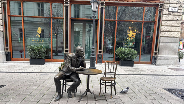 A statue located near cafes in Budapest signals the importance of historic coffeehouse culture for the city's intellectuals and literary community.