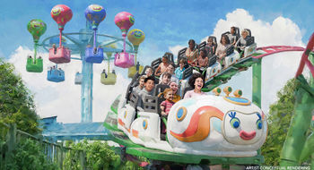 TrollsFest land will feature the Rhonda’s TrollsFest Express coaster and the Hair in the Clouds balloon ride.