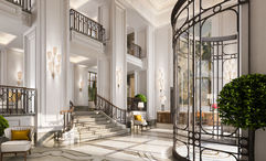 The lobby of the Corinthia Rome. The property combines century-old features from the building's days as a bank with contemporary touches.