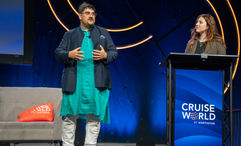 Arjun Sinsinwar, left, the chief inspiration officer ar Antara, speaks during a panel discussion on river cruising at CruiseWorld in Fort Lauderdale on Thursday. Travel Weekly river cruise editor Brinley Hineman, at right, served as a co-moderator.