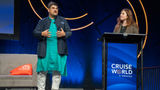 Arjun Sinsinwar, left, the chief inspiration officer ar Antara, speaks during a panel discussion on river cruising at CruiseWorld in Fort Lauderdale on Thursday. Travel Weekly river cruise editor Brinley Hineman, at right, served as a co-moderator.