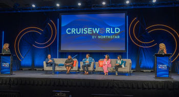 CruiseWorld's "Defining New Luxury" panel, from left:  Moderator Ruthanne Terrero, Northstar Travel Group; Manny Celdran, Scenic Luxury Cruises & Tours and Emerald Cruises & Tours; Shanel Knight, Regent Seven Seas Cruises; Joe Jiffo, Windstar Cruises; Raquel Reyes, Dominican Republic Tourism Board; Kris Endreson, Aurora Expeditions; and moderator Angela Hughes, Trips & Shops Luxury Travel.